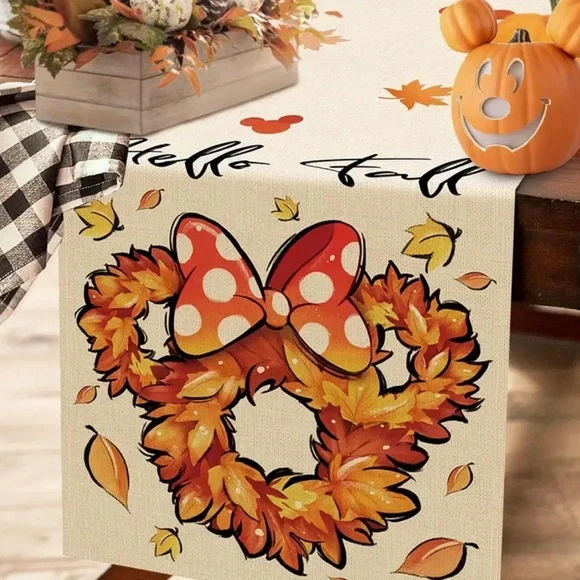 13x72 Table Runner Disney Minnie Mickey Mouse Fall Leaves Fabric Mantel scarf - Picture 5 of 5